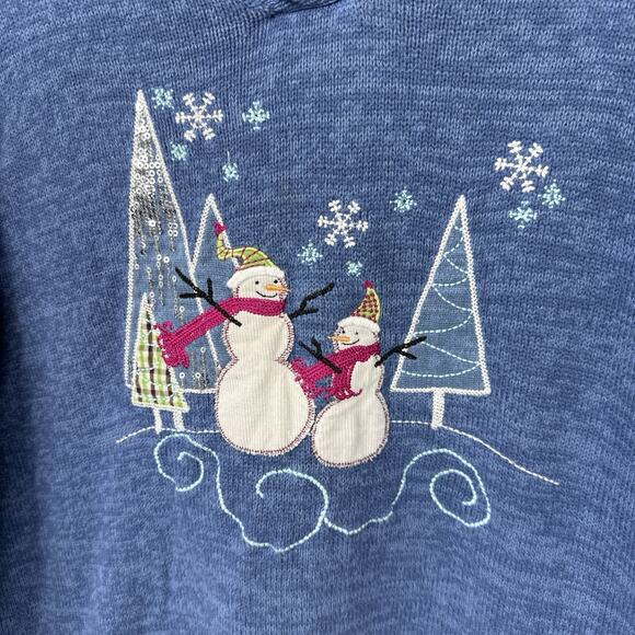 Christopher Banks Large Wintertime Christmas Sweater Blue Snowman Snowflake - Picture 4 of 8